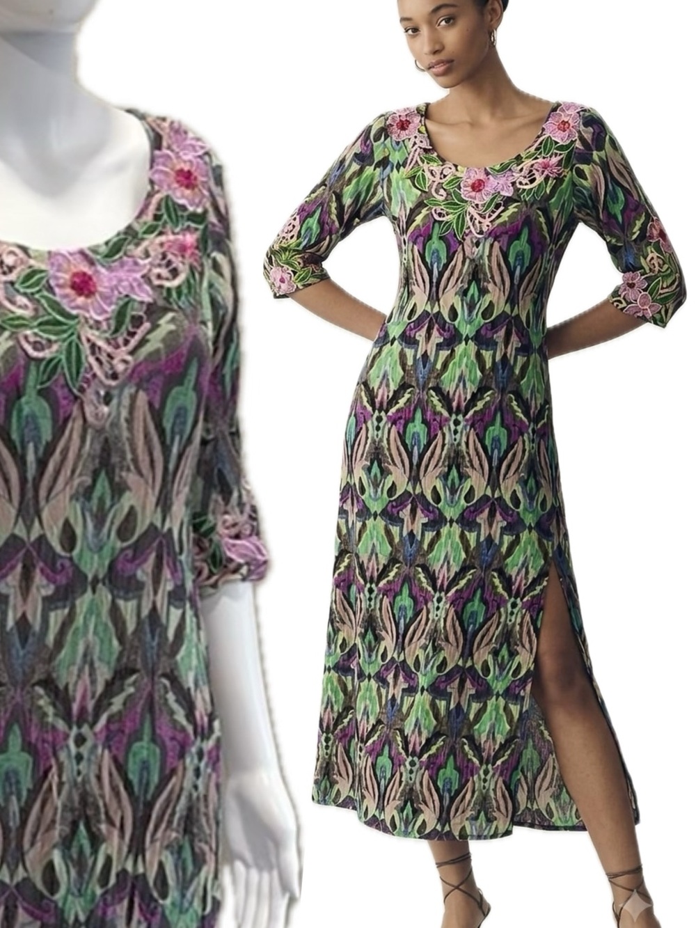 Vintage Embroidered Floral Applique Midi Dress Size Small Crinkled Fairycore Y2K